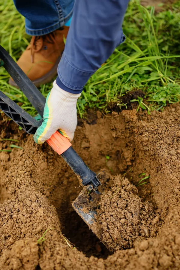 Someone digging a small hole in the ground. 