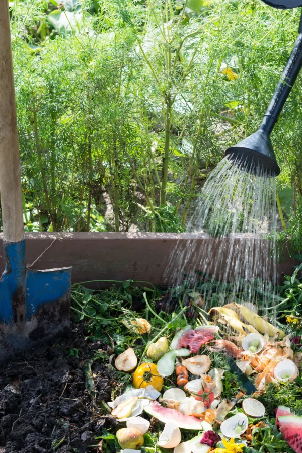 A pile of compost with new kitchen materials added that is getting watered. Also has a shovel nearby.