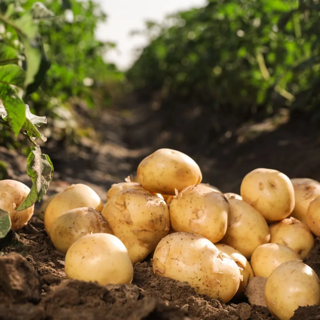 A pile of potatoes in front of mature plants