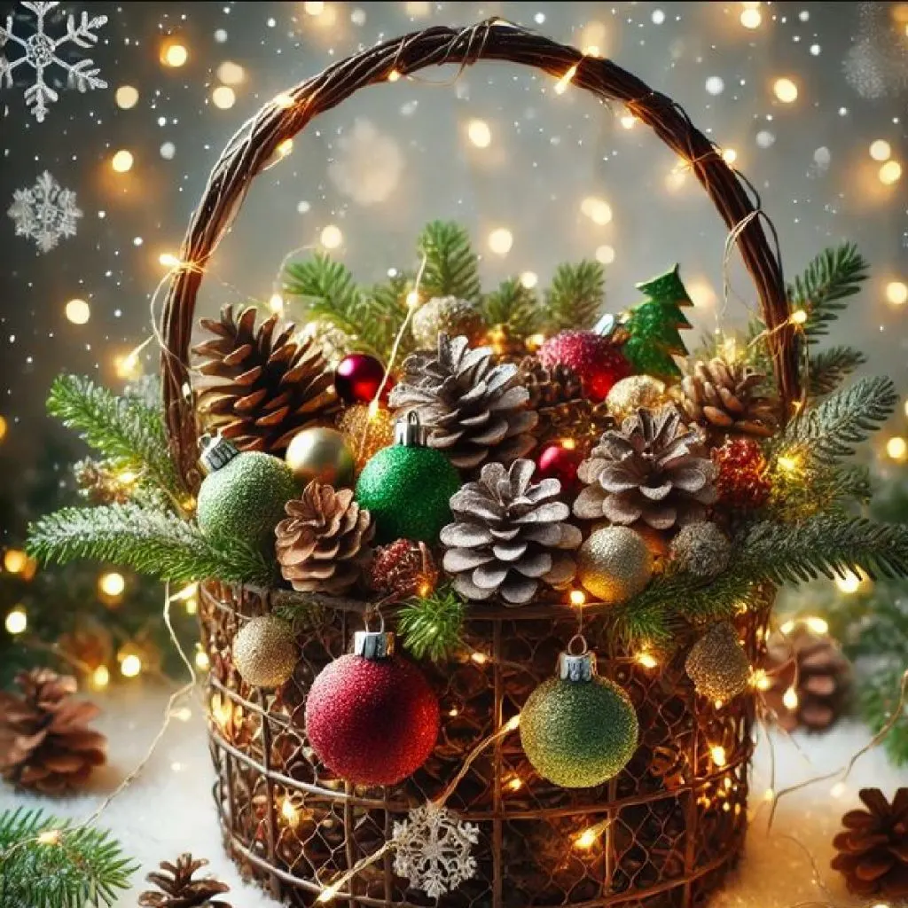 Christmas decorations from hanging baskets and containers